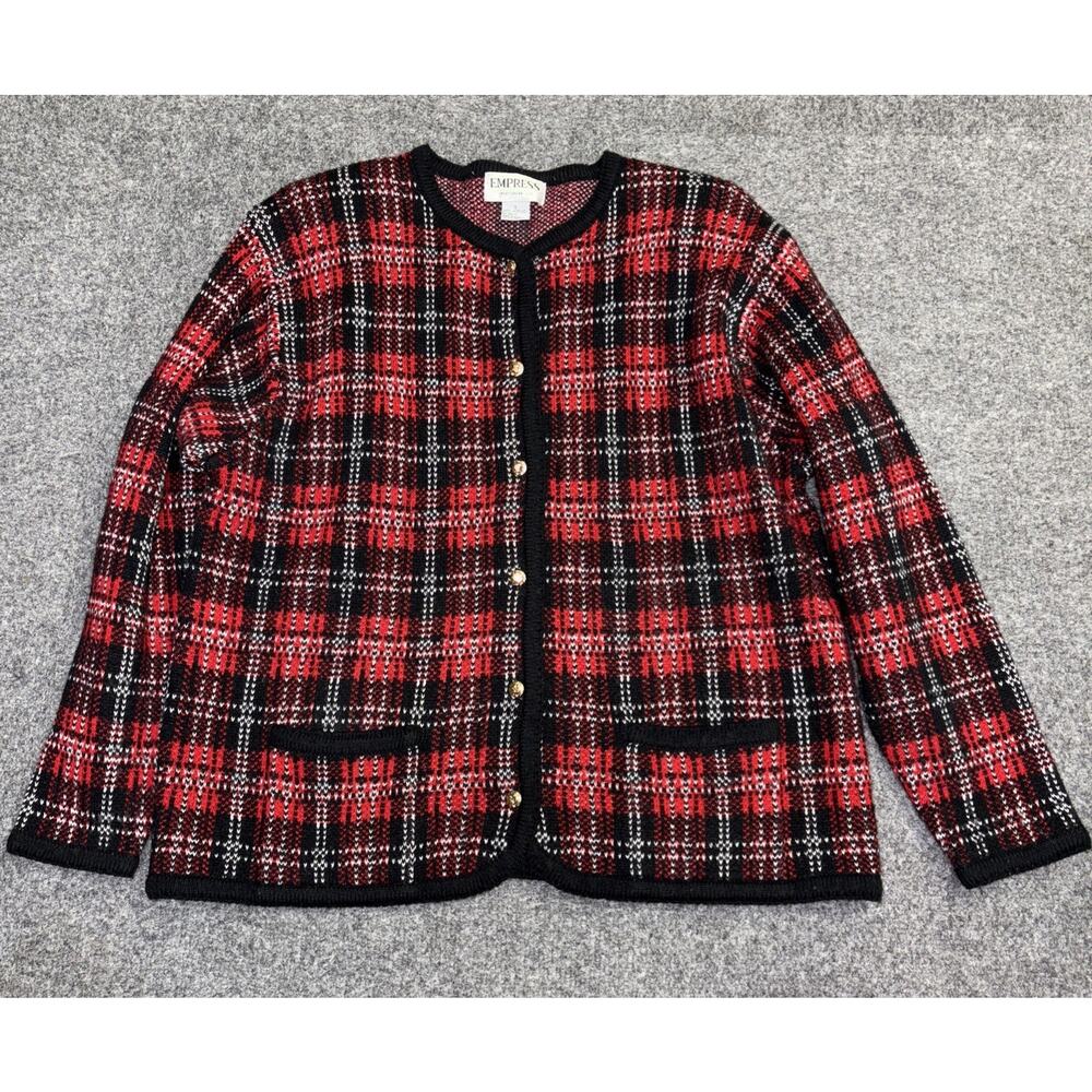 VTG Empress Women's L Red Plaid Gold Button Up Cardigan Preppy Classic Holidays